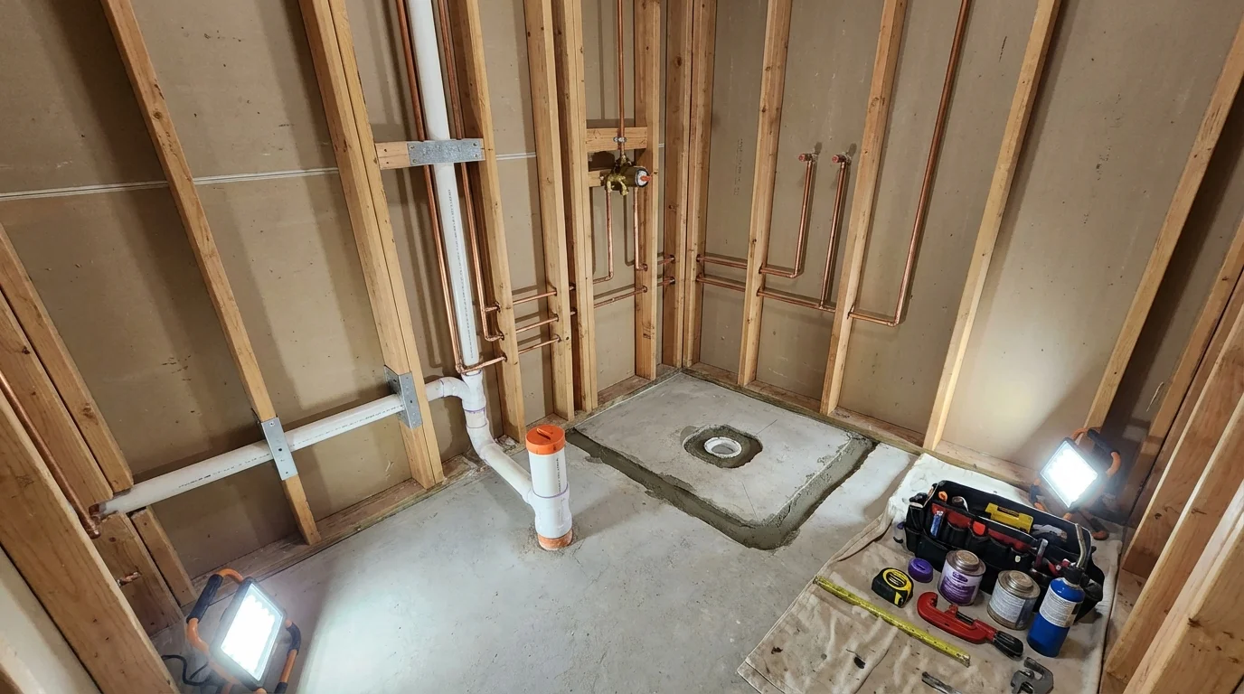 Bathroom rough-in plumbing during remodel by Johns Plumbing LLC in Rutherford College