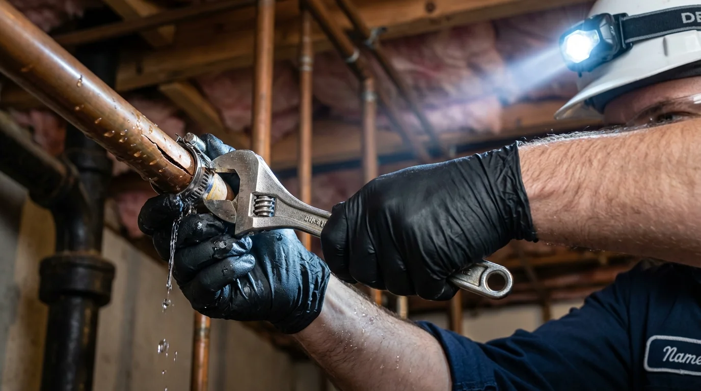 Emergency pipe clamp repair being performed by a Johns Plumbing LLC plumber in Rutherford College