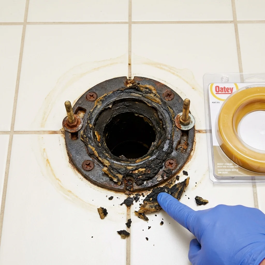 Failed wax ring showing water seepage at the base of a toilet in a Rutherford College, NC home