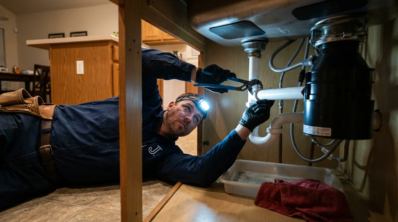 P-trap and supply line connections under a kitchen sink showing a common leak point in Rutherford College, NC